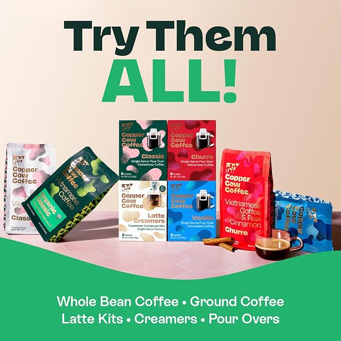 Copper Cow Premium Vietnamese Coffee Variety Pack (15 Coffees & 15 Creamers)| Classic Black, Vanilla, & Salted Caramel Latte | Pour Over Single-Serve Lattes, No Refrigeration Needed, Travel Friendly