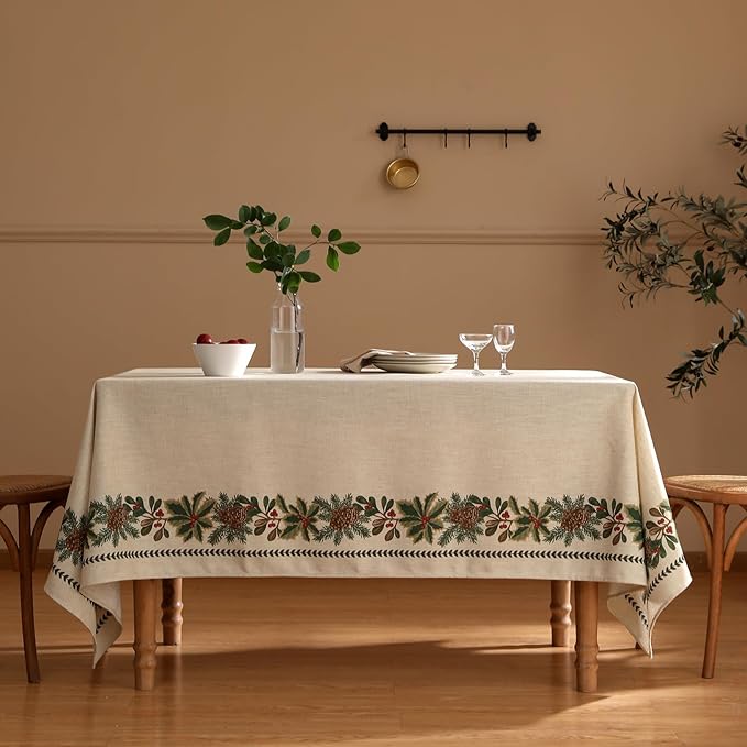ISAENNE Designer Christmas Linen Small Square Tablecloth,Light Beige Western Elegant Table Cloth,Wrinkle Resistant Decor Tablecloths for Dining Thanksgiving Kitchen Christmas,55"*55"-Carol G