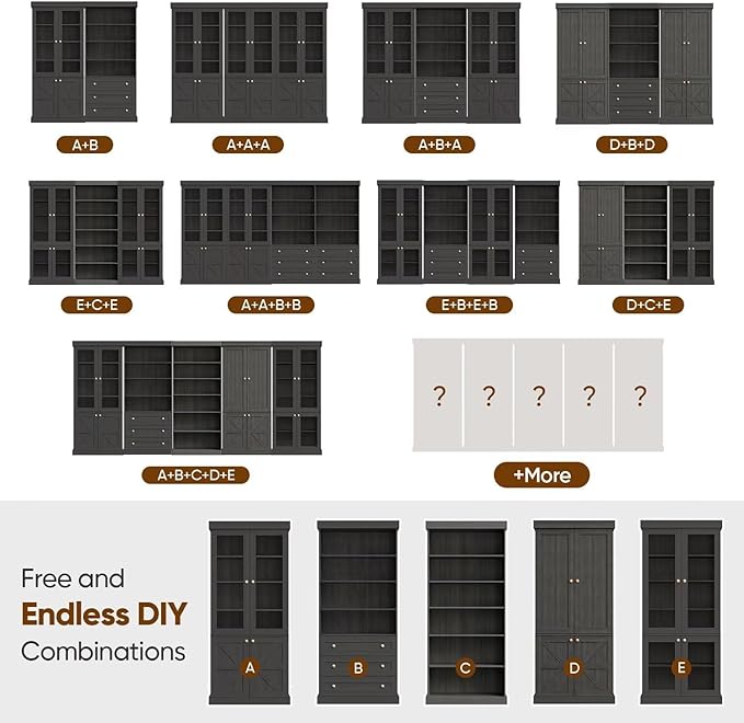 70.8" Bookshelf with Glass Doors, Farmhouse Modular Bookcase with 6-Tier Adjustable Shelves, Large Storage Cabinet for Living Room & Home Office, Set of 3, Black