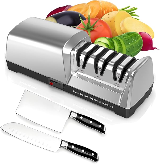 Electric Knife Sharpener, 3-Stage with 100% Diamond Abrasives and Precision Angle Guides, Kitchen Knife Sharpener with Sharpening and Polishing Function