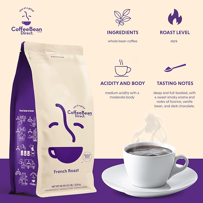 Coffee Bean Direct French Roast Blend, Whole Bean Coffee, Dark Roast, 2.5 Pound Bag (Pack of 1)