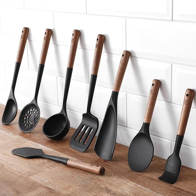Set of 2pc Silicone Cooking Utensils: Wooden Handle Cooking & Serving Spoon+ Multi-Purpose Cooking Spoon, Heat Resistant Cooking Utensil, BPA Free, Safe Material for All Cooking Surfaces