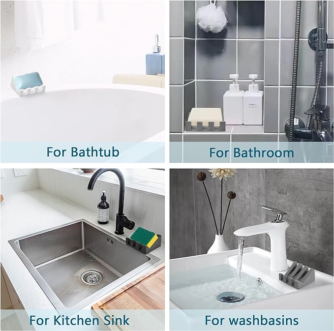 Self Draining Soap Dish,Silicone Suction Cup Soap Holder, Bathroom Soap Dish for Bar Soap,Can Extend Soap Life,Bathroom, Bath Tub, Kitchen Sink (4, White)