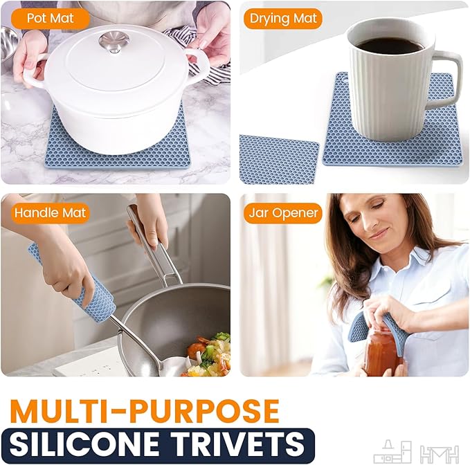 Silicone Trivet Mats 4 Heat Resistant Pot Holders Multipurpose Non-Slip Hot Pads for Kitchen Potholders, Drying mat, Jar Opener, Spoon Holder, Coaster.(Blue)