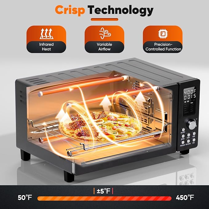 Nuwave Bravo Pro Convection Air Fryer Toaster Oven Combo, 2025 New and Improved, 10-in-1, 50°-450°F Temp Controls, Quick & Even Crisp Technology, 21Qt Capacity, Black, PFAS Free