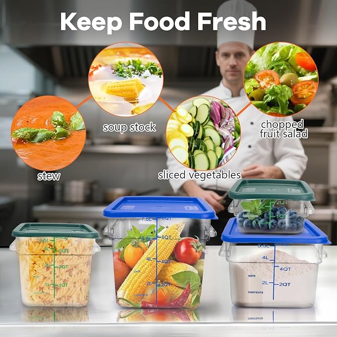 4 Pack Food Storage Containers with Green Lids, 2.0 Qt - Square, Clear, Polycarbonate