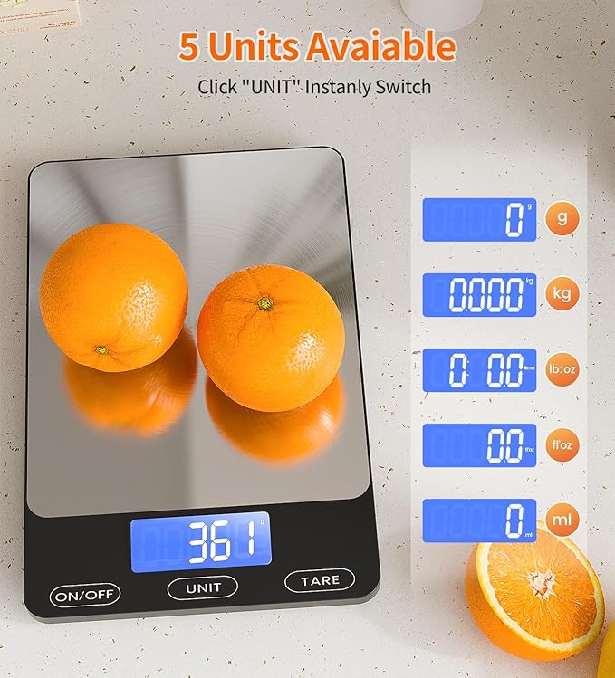 Food Scale -33lb Digital Kitchen Scale for Food Ounces Grams Rechargeable 305 Stainless Steel,Batteries and Type-C Charging | Perfect for Meal Prep, Cooking, and Baking, Black
