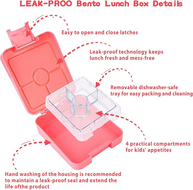 Bento Lunch Box Set for Kids with 10oz Soup Thermo, Leak-Proof Lunch Containers with 4 Compartment, Kids Thermo Hot Food Jar and Insulated Lunch Bag for Kid to School,BPA-Free(Pink)