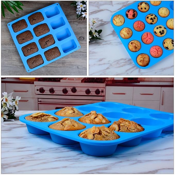 CAKETIME Silicone Muffin Pan - Cupcake Pan, Mini Loaf Pan Silicone Baking Molds Food Grade 3-Pack