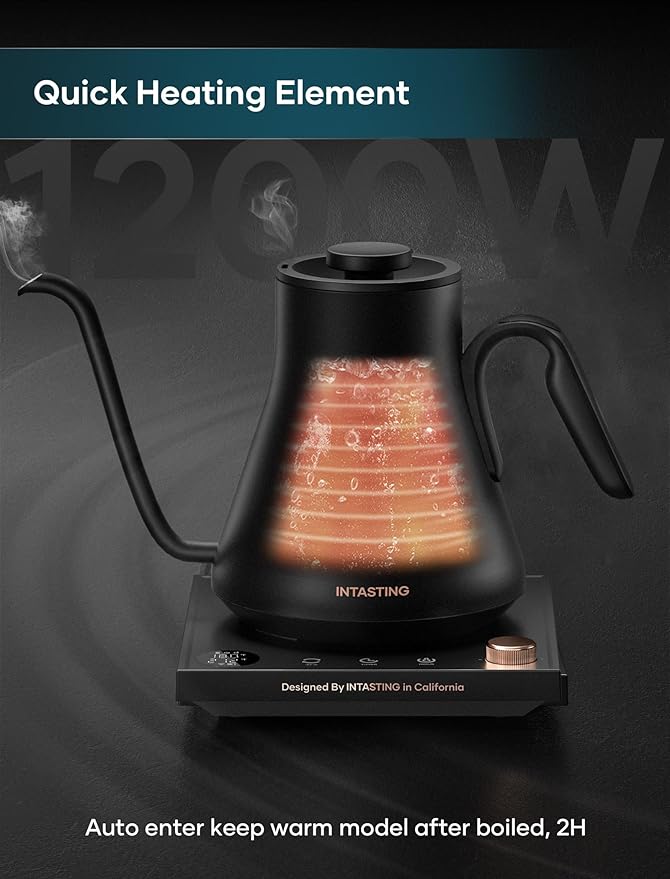 Electric Kettle, Gooseneck Electric Kettle, ±1℉ Precise Temperature Control, Stainless Steel Interior, Quick Heating for Pour Over Coffee, Tea & Boiling Water, 0.9L (Black)