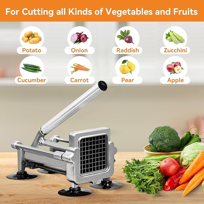 Commercial French Fry Cutter Stainless Steel.Potato Cutter for French Fries with 3/8Inch Blade, Commercial French Fry Cutter Manual Potatoes Cutting Machine with Suction Feet.