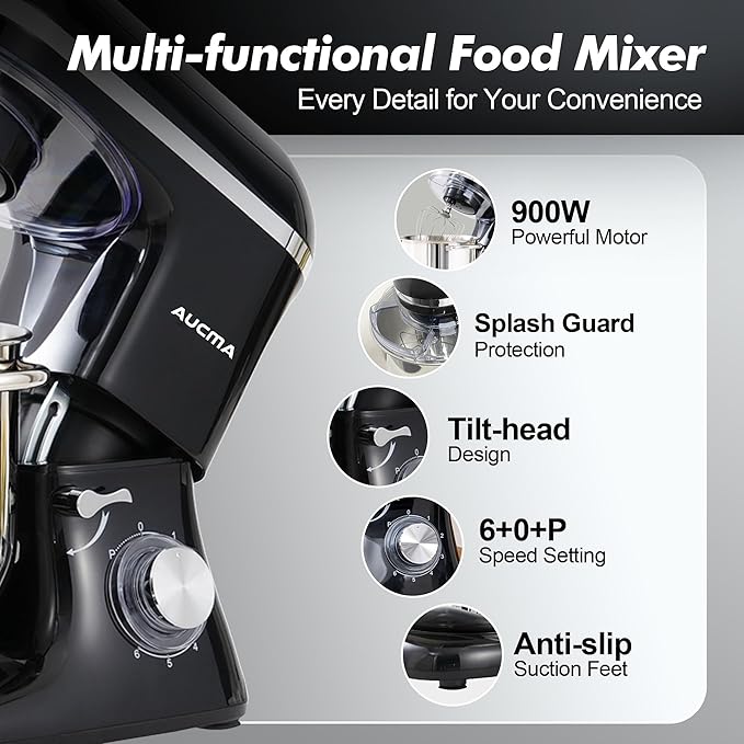 Aucma Stand Mixer, 900W 8QT Large Kitchen Mixer, Kitchen Electric Mixers with Dough Hook, Wire Whip & Beater (Black, 8QT)