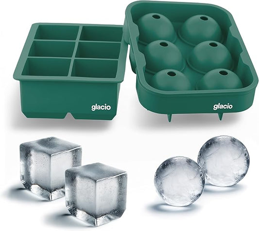 glacio Silicone Ice Cube Trays – Large Silicone Molds for 2-Inch Ice Cubes and Spheres Whiskey Ice Cube Trays with Lids for Cocktails & Bourbon – Set of 2