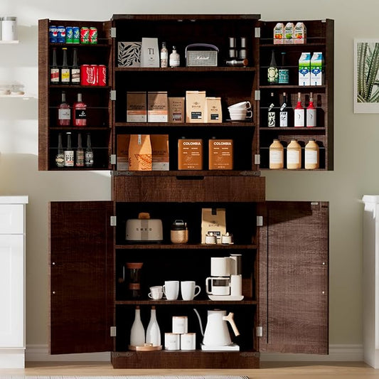 72" Tall Storage Cabinet, Kitchen Pantry Cabinet with Adjustable Shelves & Sturdy Steel Frame, Farmhouse Pantry Storage with 4 Barn Doors for Kitchen, Dining Room, and Living Room, Dark Grey