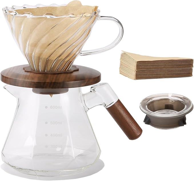 Pour Over Coffee Maker, 20 oz Borosilicate Glass Set with 100 pcs V60 Paper Filter, Coffee Dripper with Walnut Collar, Coffee Pot with Glass Lid, 1-3 Cups, Clear, (600 ml)