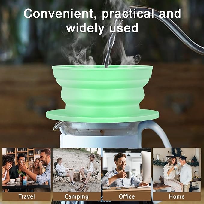 2 Pieces Collapsible Paperless Travel Pour Over Coffee Dripper Kit, Single Cup Travel Pour Over Coffee Maker Camping, Portable Silicone PourOver Coffee Filter Reusable (Purple+Green)