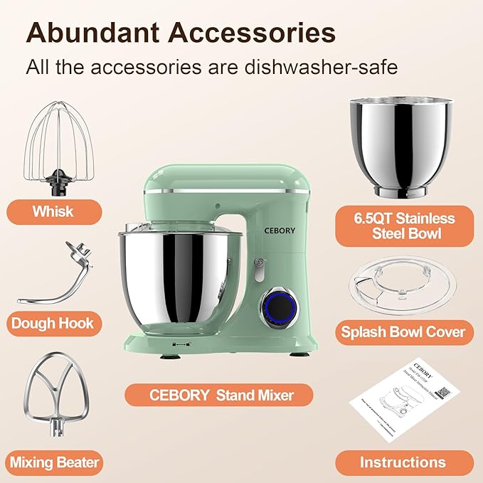 3-IN-1 Electric Stand Mixer, 6.5QT Bowl 660W 10-Speed Kitchen Mixer, Household Food Mixers include Dough Hook, Beater and Whisk, Bread Cake Mixer for Baking and Most Home Cooks, Agave Green