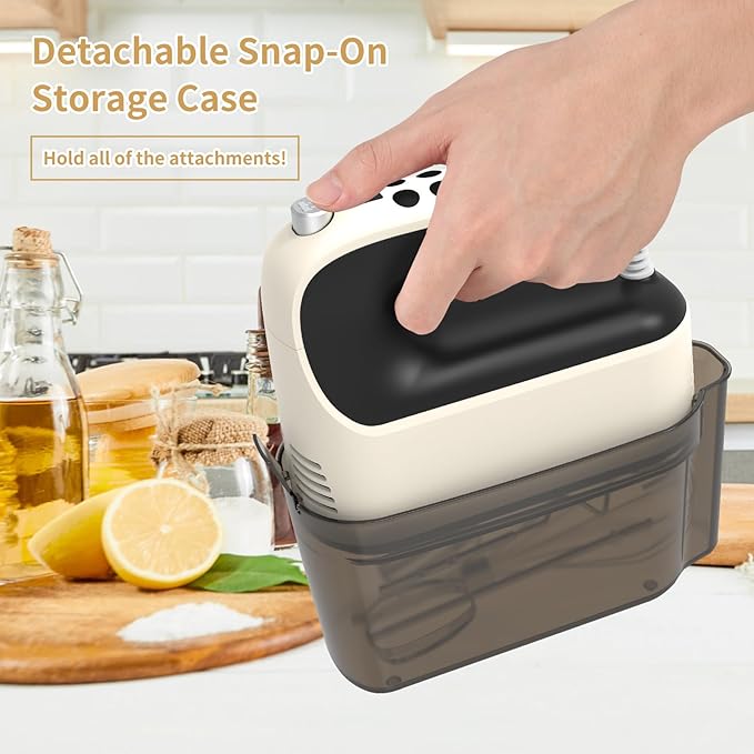 9-Speed Digital Hand Mixer Electric, 400W Powerful DC Motor, Baking Mixer Handheld with Snap-On Storage Case, 5 Stainless Steel Accessories, Flat Beaters, Dough Hooks, Whisk (Creamy&Black)