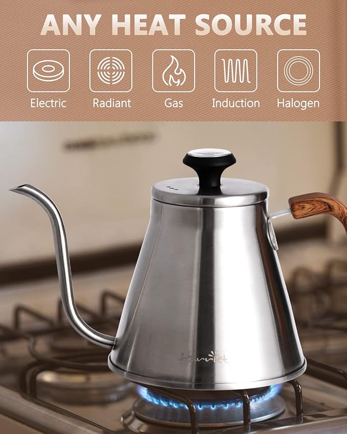 Harriet Gooseneck Kettle with Thermometer for Pour Over Coffee and Tea, 37 fl oz, Stainless Steel, Durable 3-Layer Base, Ideal Spout for Precision Pouring, Compatible with all Stove Tops