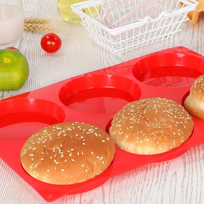 CAKETIME 4 Inch Muffin Top Pan, Silicone Egg Molds for Breakfast Sandwiches Jumbo Round Baking Pan for Oven English muffins, Whoopie Pies, Corn Bread, Egg bites, Tarts 4 Pack Red