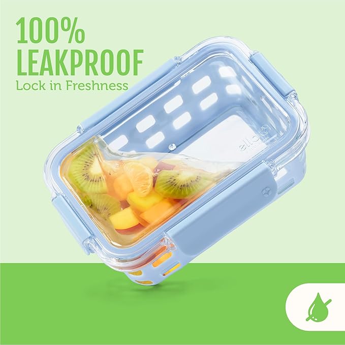 Ello Duraglass 3.4 Cup Meal Prep Sets 10Pc, 5 Pack Set- Glass Food Storage Container with Silicone Sleeve and Airtight BPA-Free Plastic Lids, Dishwasher, Microwave, and Freezer Safe, Fruit Salad