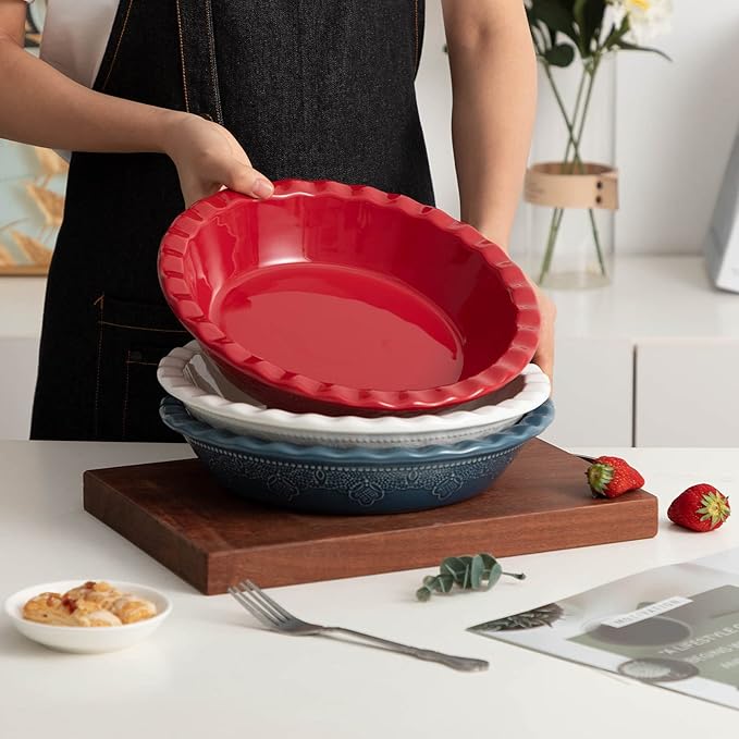 Fun Elements Pie Pan, 9 Inch Ceramic Pie Dish, Deep Dish Pie Pan with Lace Emboss, Ruffled Pie Plate for Baking, Thanksgiving Christmas Gifts, Set of 2, Red