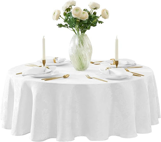 Newbridge Barcelona Luxury Damask Fabric Tablecloth, 108” Round, White, 100% Polyester, No Iron, Soil Resistant Dining Room, Party and Banquet Table Cover
