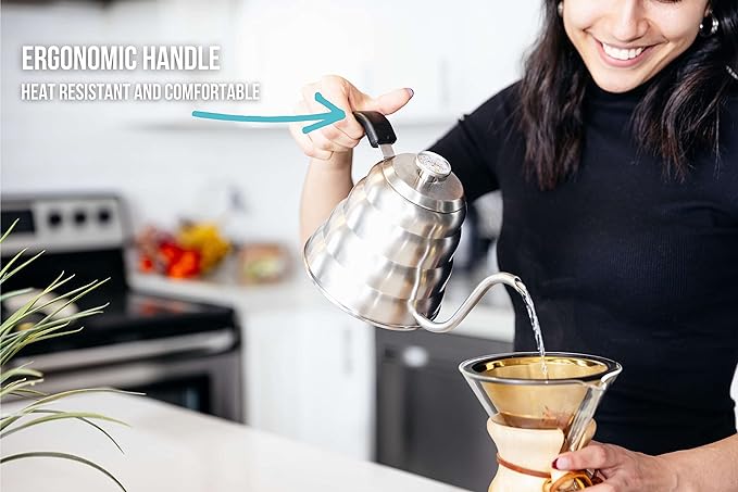 Barista Warrior Gooseneck Kettle for Pour Over Coffee and Tea with Thermometer for Exact Temperature, Precision Pour Drip Spout, Compatible with all Stove Tops (Copper Coated, 1.2 Liter, 40 fl oz)