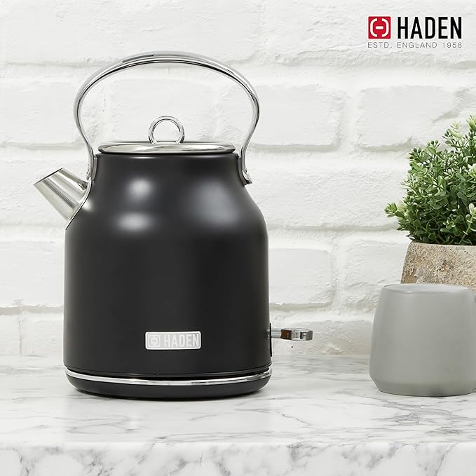 HADEN Heritage 1.7 Liter Stainless Steel Electric Kettle, Hot Water Kettle with 360-Degree Base and Auto Shutoff, Black & Chrome