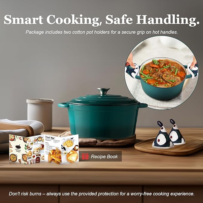 Overmont Enameled Cast Iron Dutch Oven - 4.5QT Pot with Lid Cookbook & Cotton Potholders - Heavy-Duty Cookware for Braising, Stews, Roasting, Bread Baking bottle green