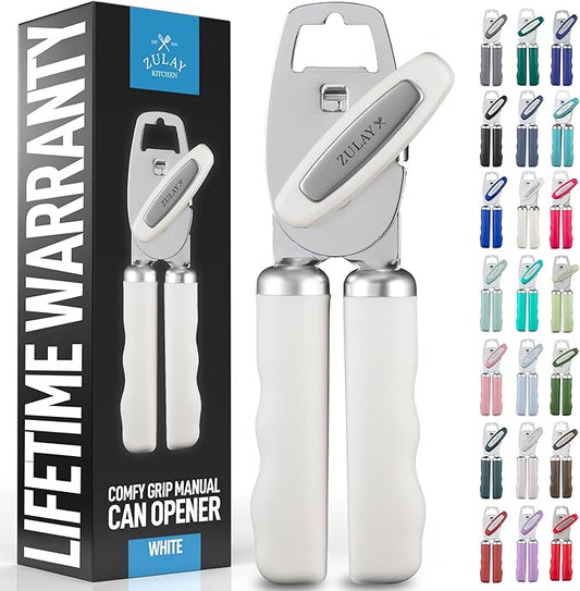 Zulay Kitchen Heavy Duty Stainless Steel Can Opener Manual with Bottle Opener - Rust Proof Manual Can Opener With Turn Knob & Soft Grip Handles