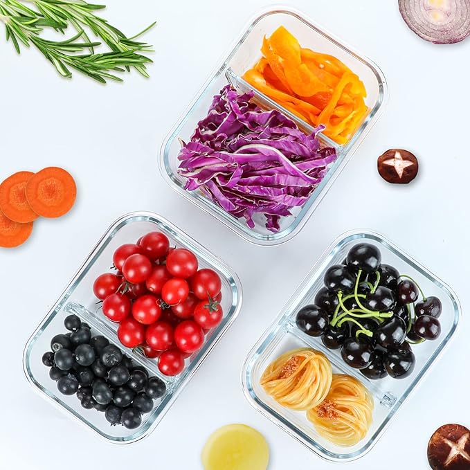 [5-Pack,36 Oz]Glass Meal Prep Containers 2 Compartments Portion Control with Upgraded Snap Locking Lids Glass Food Storage Containers, Microwave, Oven, Freezer and Dishwasher (4.5 Cups)