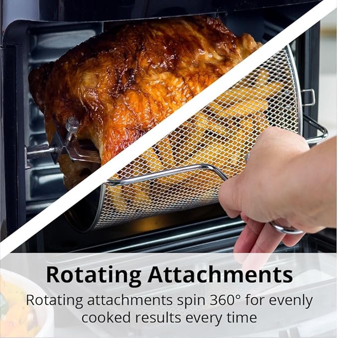Aria 36 Qt Air Fryer Oven, Ariawave Stainless Steel Air Fryer with Rotisserie, Basket, & Grill Trays, Easy Clean Large Countertop Convection Oven, XL Touchscreen Display & Cooking Presets, Black