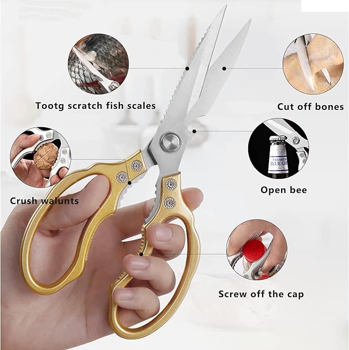 Kitchen Scissors, Heavy Duty Sharp Shears Dishwasher Safe, Kitchen Accessories Cooking Shears for Meat Chicken Fish Poultry Herb Bread (gold)