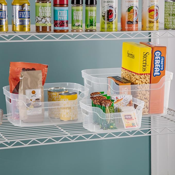 Sterilite 5.25x9.5x13 In Medium Polished Open Scoop Front Storage Bin w/Comfortable Carry Through Handles for Household Organization, Clear (32 Pack)