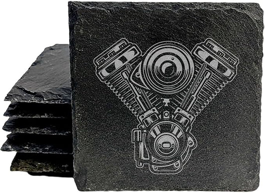 Rev Up Your Ride: V-Twin Engine Coasters for Bikers - Square Slate - Set of 4
