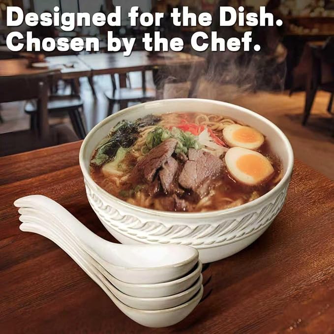 Artena Soup Bowls 32 OZ, Cereal Bowls Set of 4, White Embossment Ceramic Ramen Bowl for Salad, Dinner, Pho, Noodle, Pasta, Snacks, Dishwasher Microwave Safe, 6.3 Inch, Willow Leaf