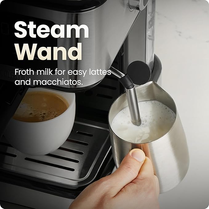 Chefman CraftBrew Espresso Machine, 15-Bar Pump Digital Espresso Maker w/Steam Wand for Latte & Cappuccino, Compact Espresso Coffee Machine w/ 1.5L Removable Water Reservoir - Stainless Steel