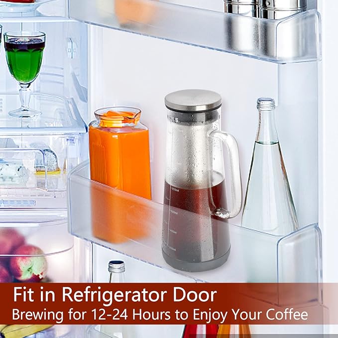 LHS Cold Brew Coffee Maker 2 in 1 Iced Coffee Maker, Glass Pitcher with Lid- 1.2Liter / 40oz, Stainless Steel Filter Removable and BPA-Free Glass Carafe for Iced Coffee, Cold Brew Tea, Juice
