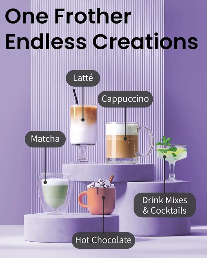 Elementi Milk Frother Wand & Drink Mixer - High Powered Hand Blender, Handheld Coffee Mixer Wand with Stand - Milk Foamer to Make Perfect Cappuccino Lattes & Hot Chocolate at Home (Purple)