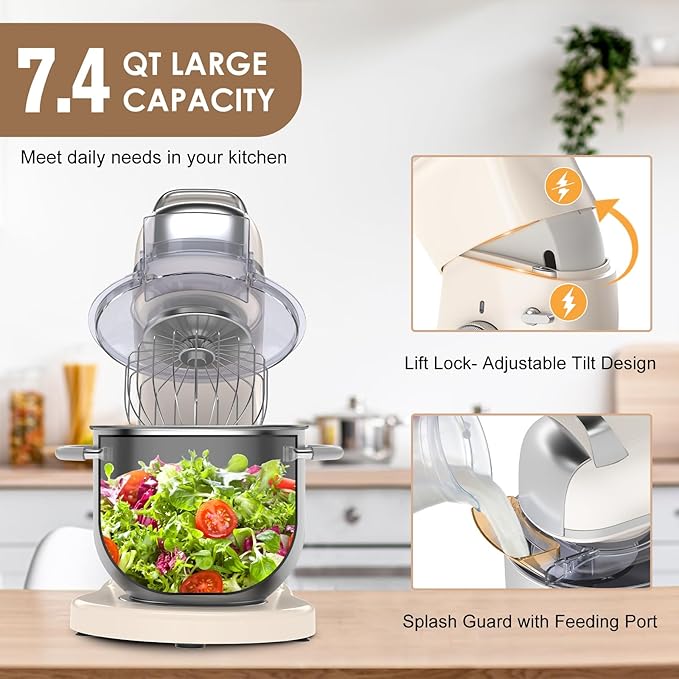 ZACME 7.4QT Household Stand Mixer 800W with CSA Certified and Aluminum Die Casting, Kitchen Electric Mixer Metal Food Mixer with Stainless Steel 7L Bowl, Dough Hook, Whisk and Beater