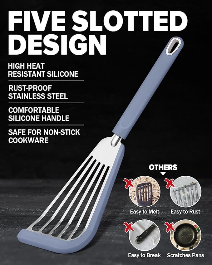 Silicone Fish Spatula Turner Set of 2, Thin Slotted Spatulas Turner for Nonstick Cookware,Heat Resistant Flexible Stainless Steel Kitchen Cooking Spatula Flipper for Fish, Egg, Pancake (BG)