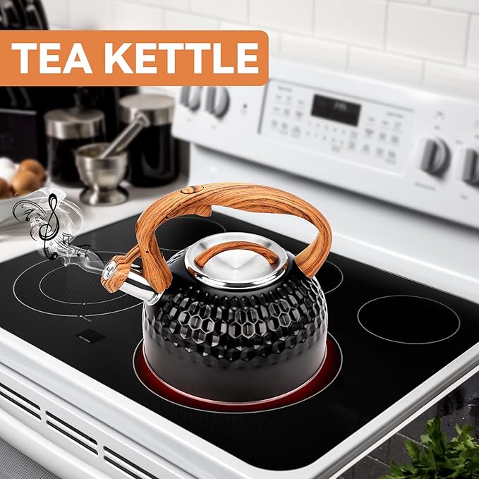 Whistling Teapot, 2.6 Qt 304 Food Grade Stainless Steel Tea Kettle with Heat-resistant Handle, Durable, not Rust，One-button Switch(BLack）
