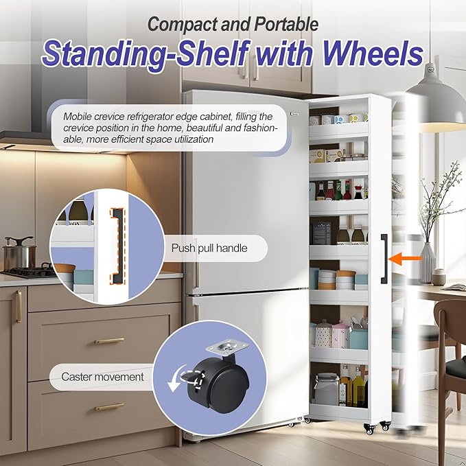 7-Tier Slim Storage Cart, Wooden Rolling Pantry Cabinet with Wheels, Narrow Shelf Organizer for Kitchen, Bakers Rack, Dining Room, Closet, Small Spaces Gray 73.2‘’H*5.9''W*19.6''D