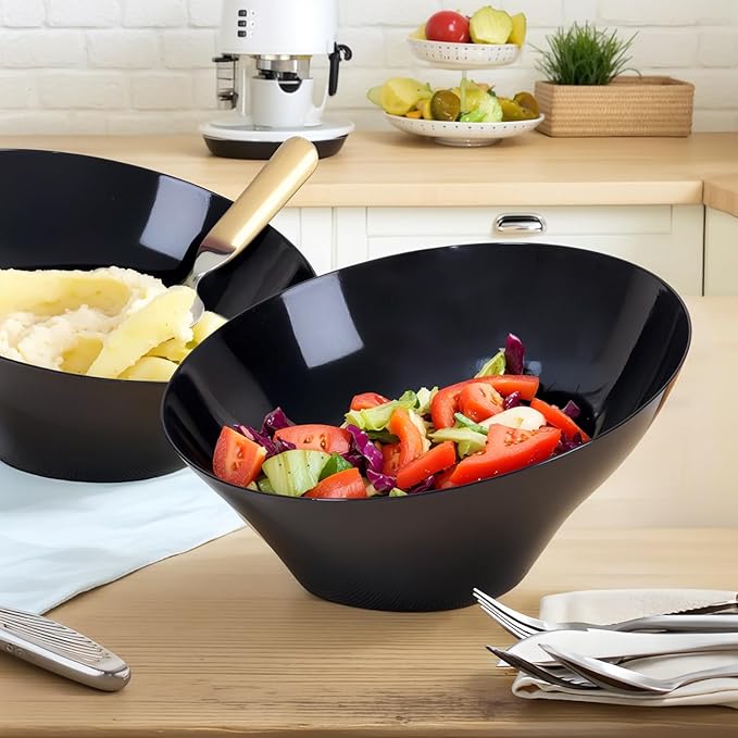 bUCLA 12 Pack Black Plastic Serving Bowls - 54 OZ Angled Bowls Disposable for Chip&Candy - Party Table Salad and Fruit for Party, Wedding & New Year
