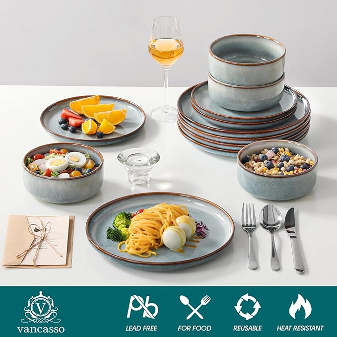 vancasso PLAYA Plates and Bowls Sets, 12 Pieces Light-Blue Dinnerware Sets for Kitchen, Reactive Glaze Dishes Set for 4, Dishwasher and Microwave Safe