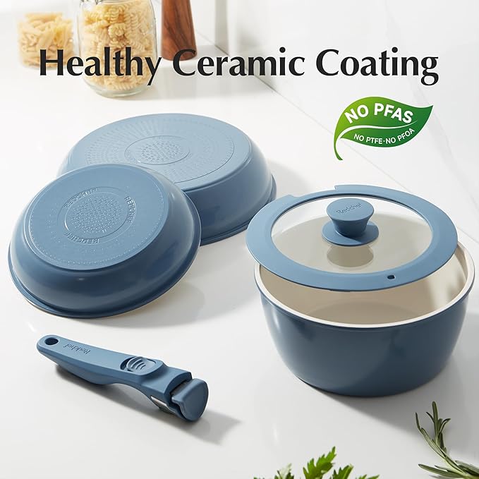 Redchef Ceramic Cookware Set, Removable Handle Pots and Pans Non-Stick, Rv Cookware Set, Non-Toxic Pots and Pans Set No PFAS, PTFE, PFOA, Detachable Pots and Pans, Dishwasher & Oven Safe(Blue)