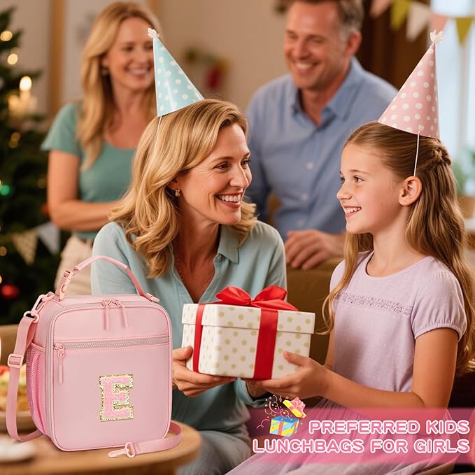 Initial Insulated Lunch Bag for Girls Kids, Back to School Gift, Reusable Leak-proof Lunch Box with Adjustable Strap for School Daycare Travel Picnic (Pink,E)