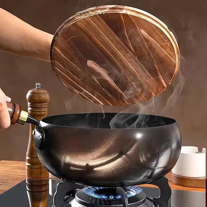 Jinswhdre Cast Iron Skillet, 9.5/11in Jinswhdre Japanese Irons Pan, Hand Forged Uncoated Iron Pan with Lid Spatula, Non-stick Wok for Cooker Gas Stir Fry Pans Durable and Rust-Free (Wooden Lid,11in)