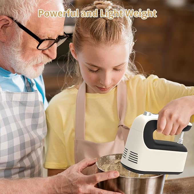 9-Speed Digital Hand Mixer Electric, 400W Powerful DC Motor, Baking Mixer Handheld with Snap-On Storage Case, 5 Stainless Steel Accessories, Flat Beaters, Dough Hooks, Whisk (Creamy&Black)